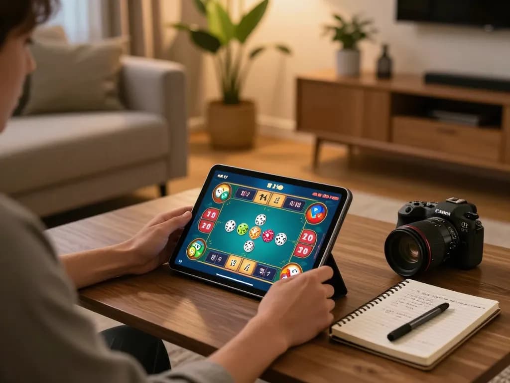 Player engaging in Tài Xỉu online game at home with tablet, showcasing taixiuonlinego.
