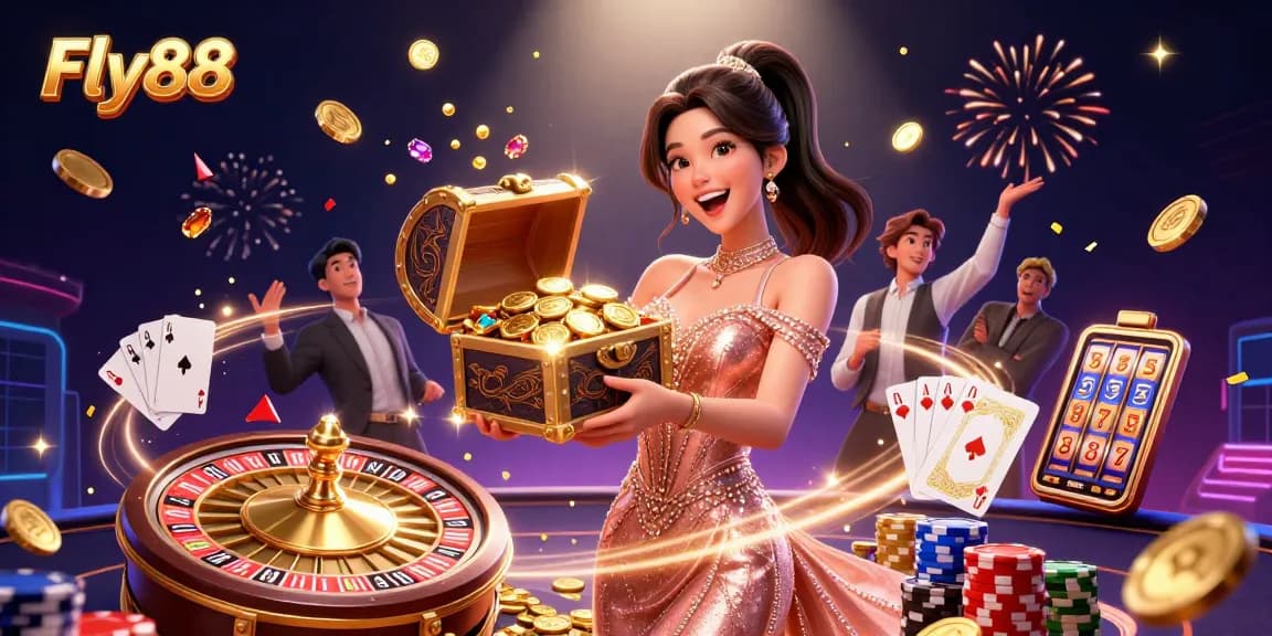Experience the thrill of Fly88 with a stunning treasure chest overflowing with riches amid vibrant casino elements.