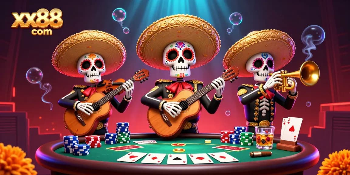 Experience vibrant games at xx88 com with Day of the Dead mariachi characters celebrating at a poker table.