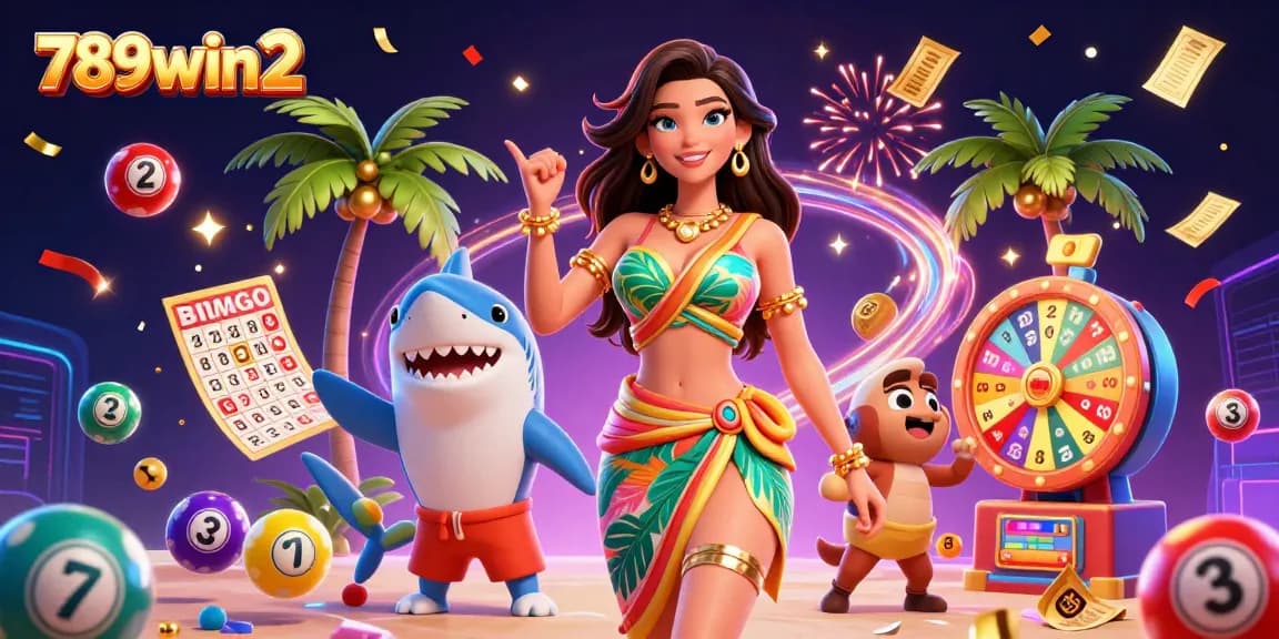 Engage with exciting gameplay at 789win2 featuring a vibrant 3D scene of a woman and shark amidst lottery elements.