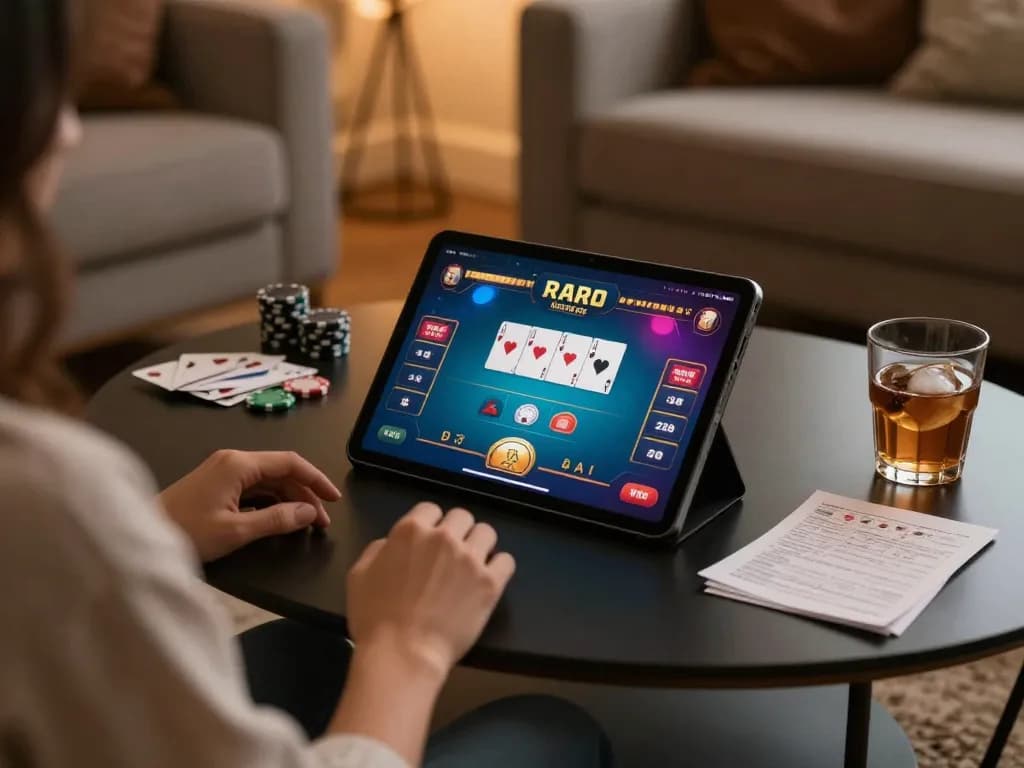 Engaging online gaming scene showing a person enjoying a poker game at a trusted online casino, nhà cái trực tuyến uy tín, with cards and chips clearly displayed.