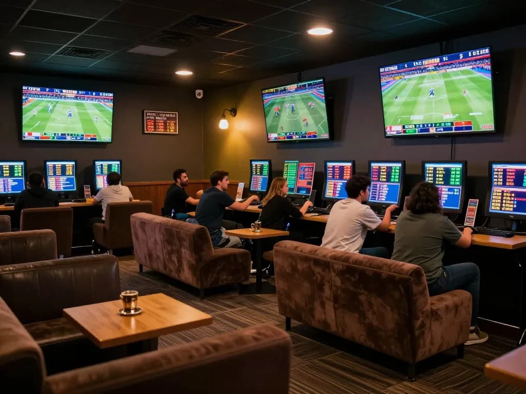 CakhiaTV sports betting lounge filled with enthusiastic fans engaging in live betting.
