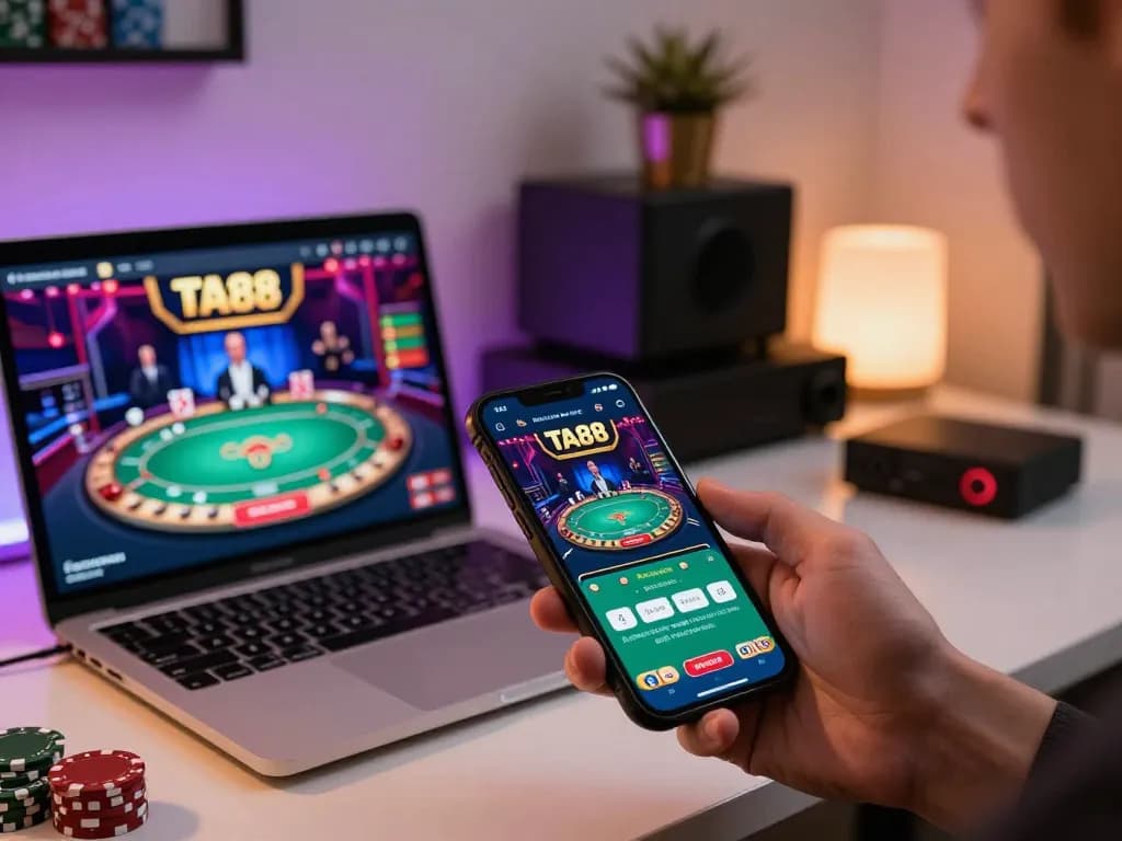 Engaging in online gaming using the TA88 app on a smartphone in a cozy home office.