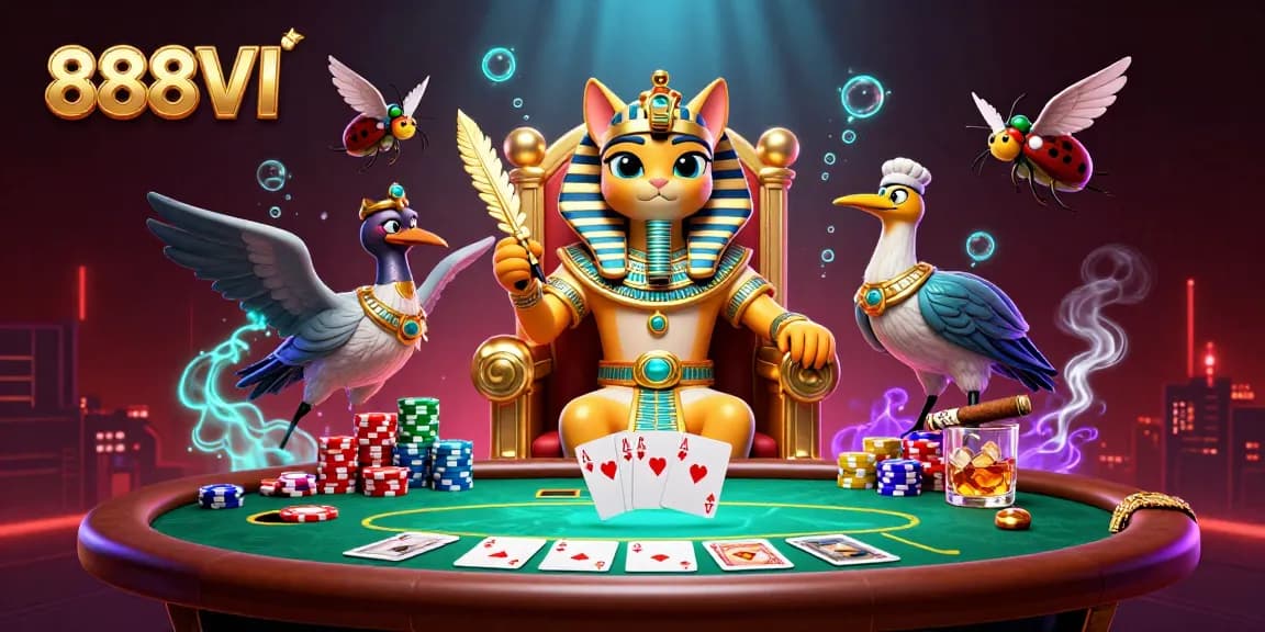 Engage with exciting gameplay at 888VI featuring a pharaoh cat and unique poker elements.
