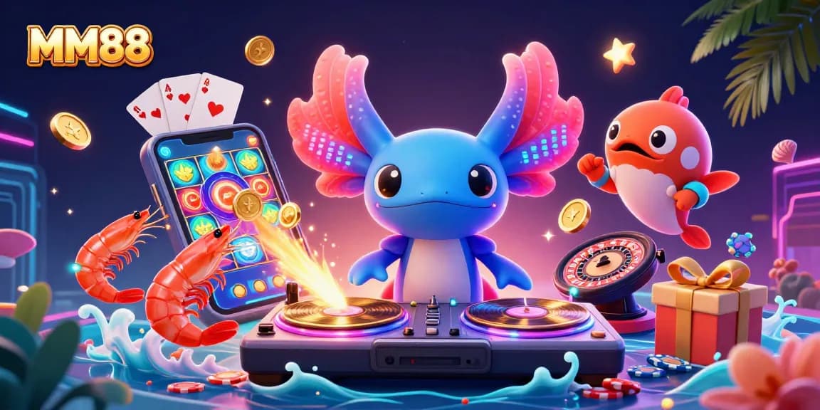 Experience the vibrant casino atmosphere at MM88 with an underwater DJ scene and dynamic gaming elements.
