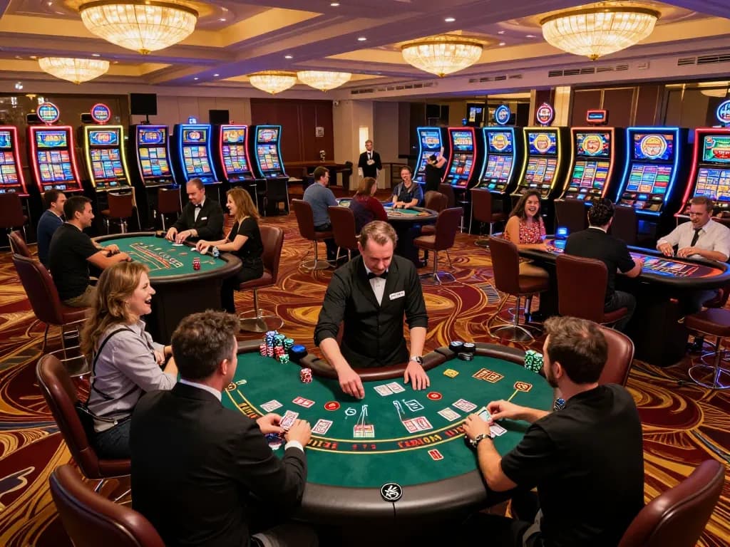 Players enjoy an intense blackjack game at SC88, surrounded by luxury casino decor and vibrant slot machines