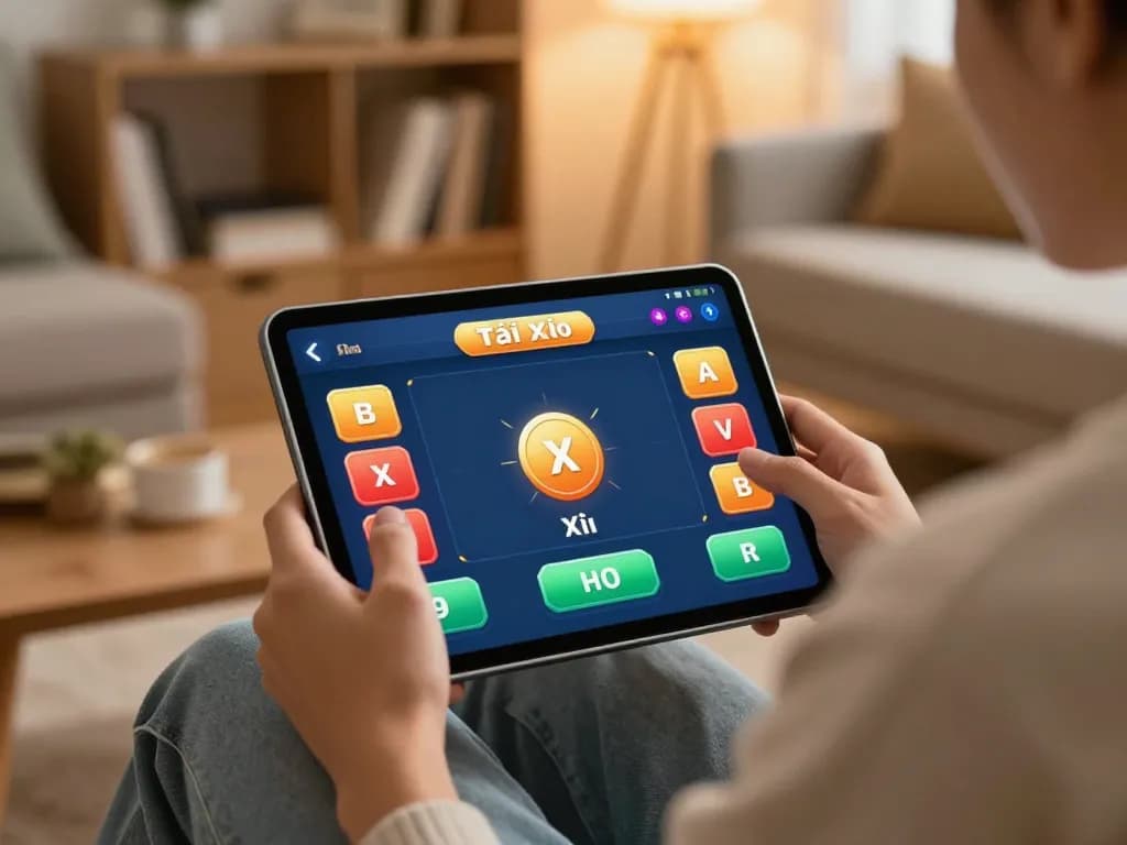 Player engaging with taixiuonline8 gaming interface on tablet in cozy living room setting.