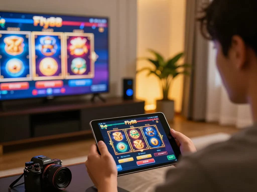 Engaging with the fly88 app on a tablet, showcasing an exciting online casino setup
