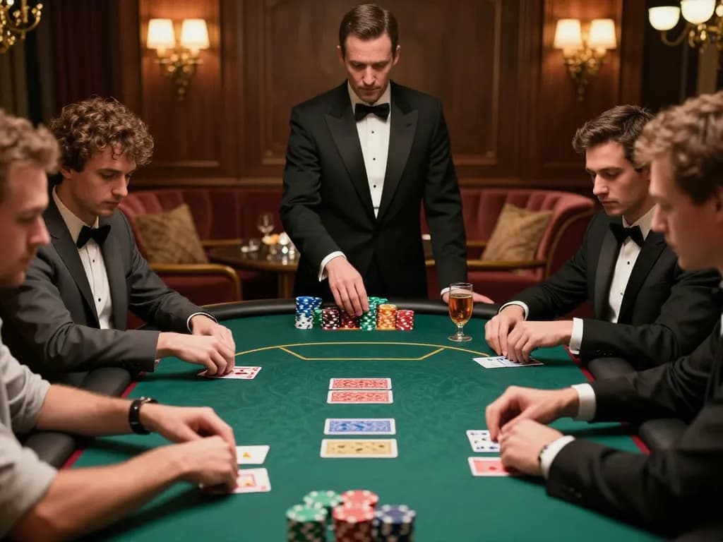 Engaged players strategizing at a poker table in an upscale casino setting with action on 888bgo