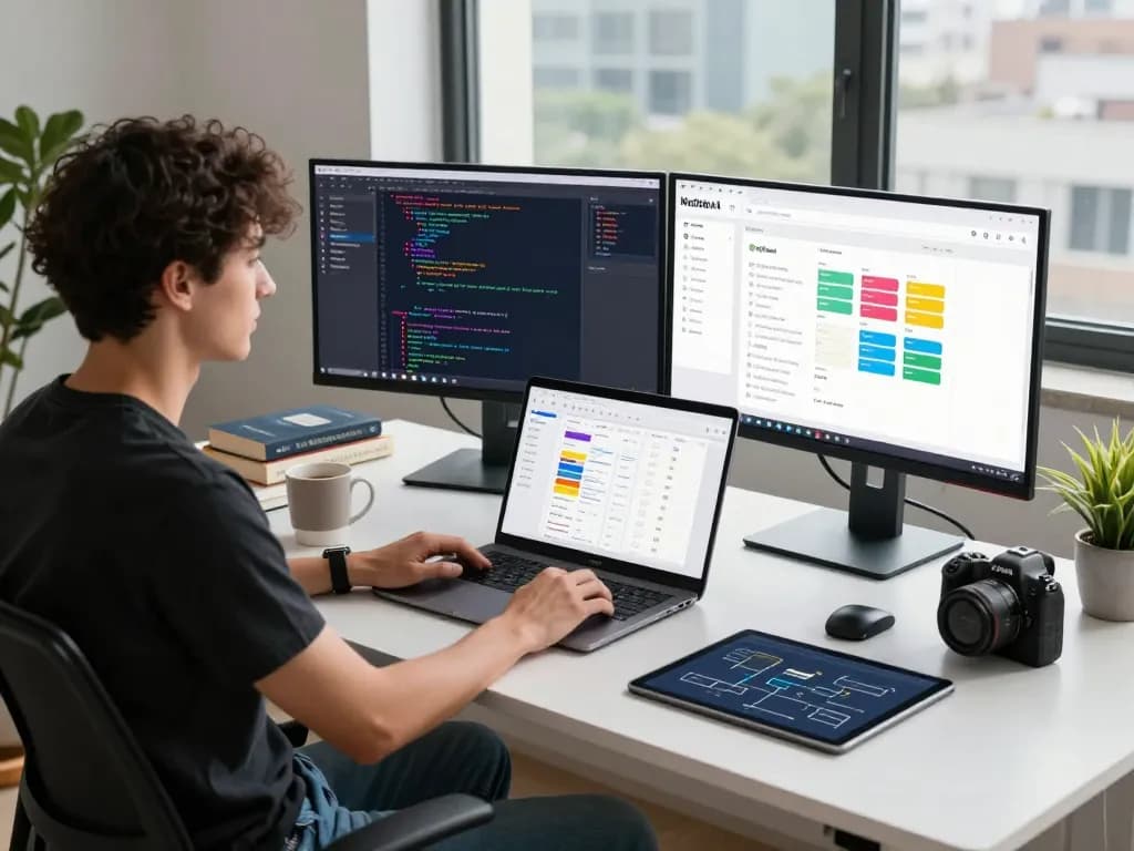 MoltBot AI showcases task management in an innovative developer workspace with multiple screens and coding environments.
