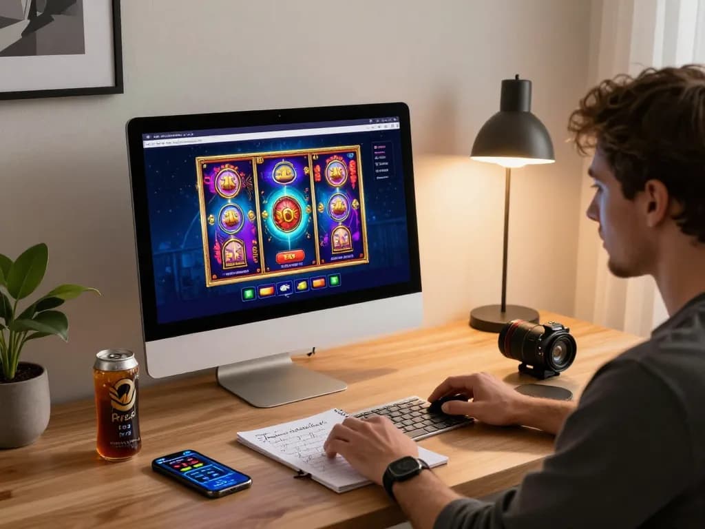 Engaging gameplay session on lucky88a with vibrant slot graphics on screen and strategies nearby.