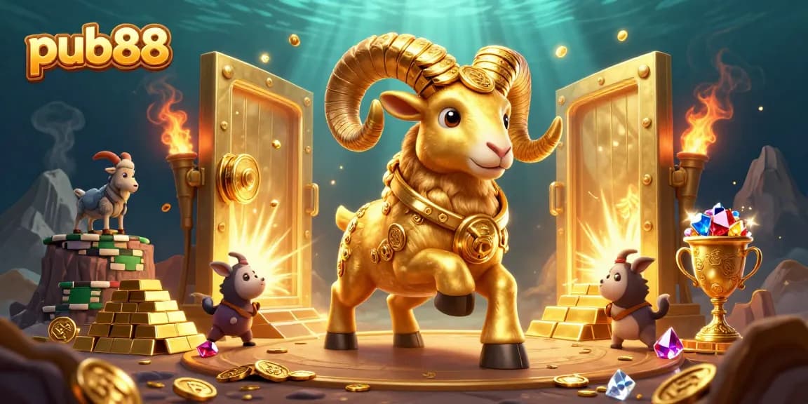 Win big at pub88 with dynamic golden ram charging through treasure, showcasing vibrant casino elements.