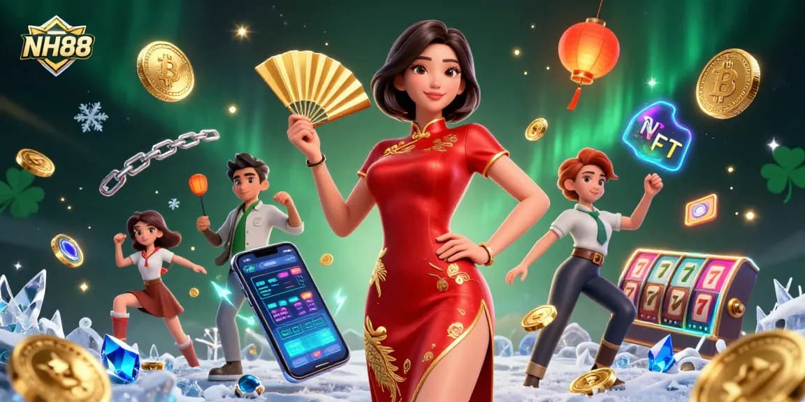 Catch the excitement at NH88 with a vibrant all-Asian casino experience featuring Asian-themed games among floating coins.