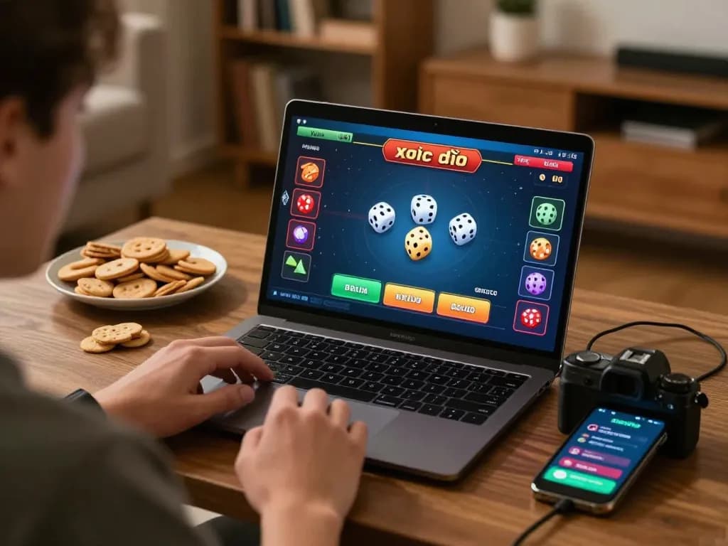 Xóc đĩa online gameplay on a laptop, showcasing an engaging interface and inviting home setting