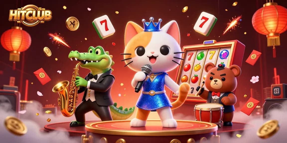 Engage with HITCLUB through a vibrant casino illustration showcasing slot reels and lively characters.
