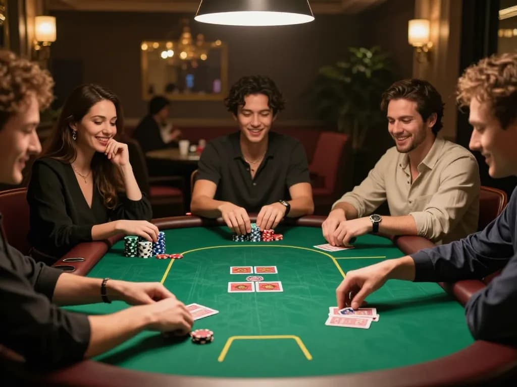 79king players engaging in a social poker game with vibrant chips and cards on the table.