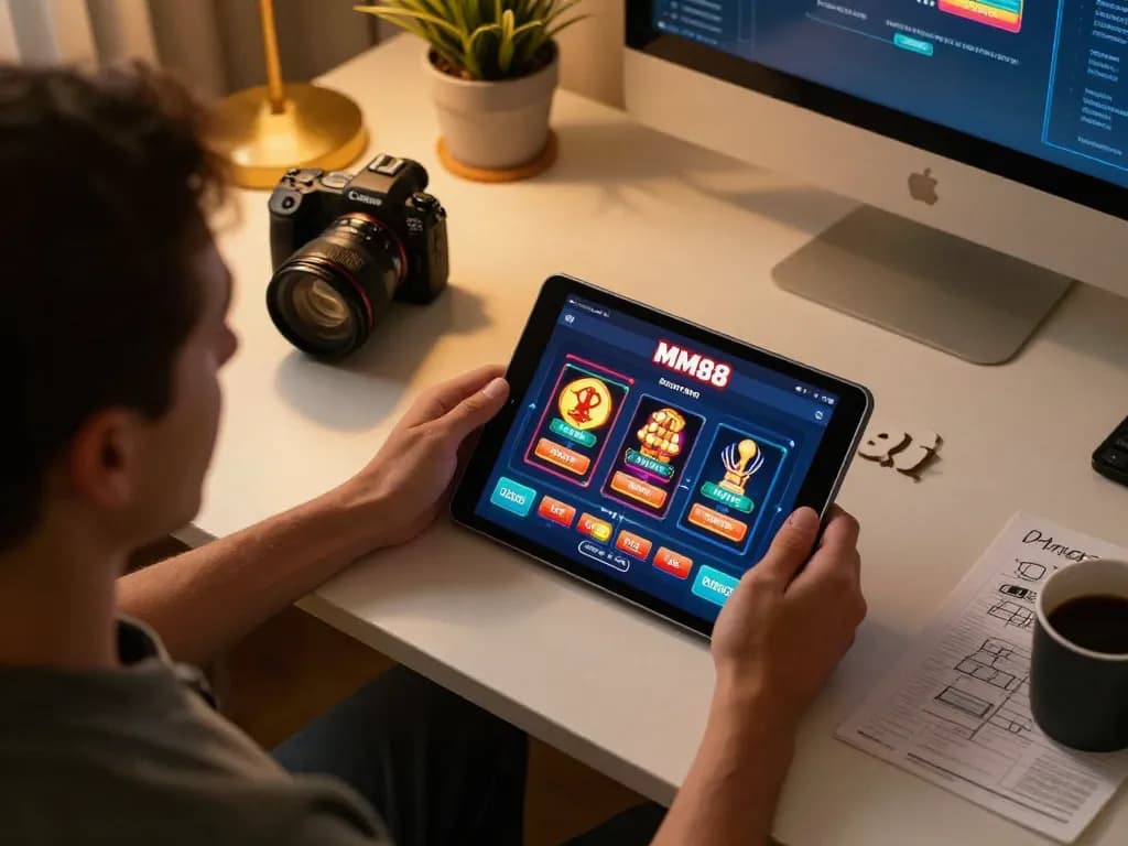 Player engages with the MM88 app on a tablet, enjoying a responsible gaming experience at home.