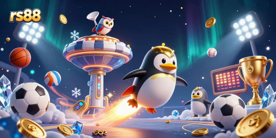 Experience the thrill of rs88 with a golden penguin racing towards a dynamic casino space station.