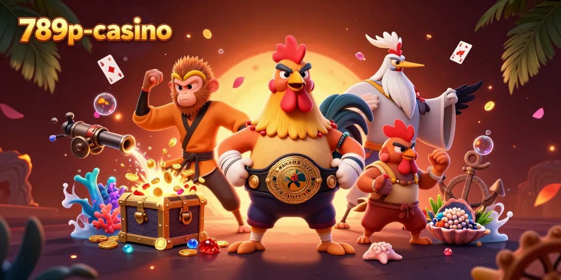 Experience thrilling action at 789p-casino with a vibrant illustration of gaming characters and rich treasures.