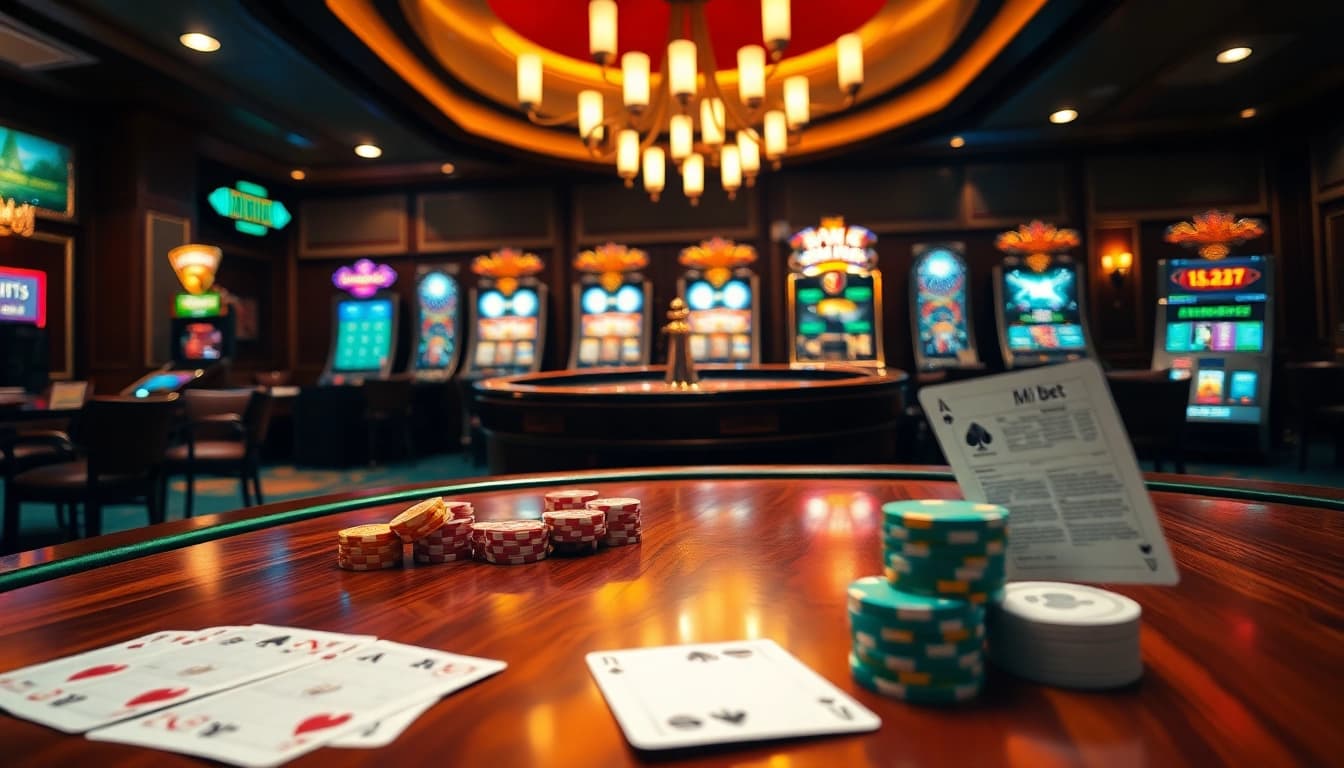 Engage in thrilling gameplay at mi bet with vibrant cards, poker chips, and elegant casino ambiance.