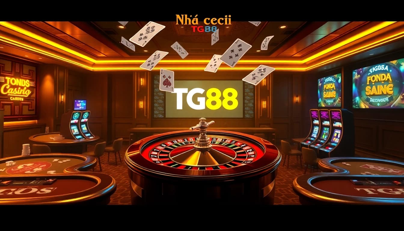 Experience the thrill of Nhà cái TG88 with luxurious casino tables and vibrant gaming elements.