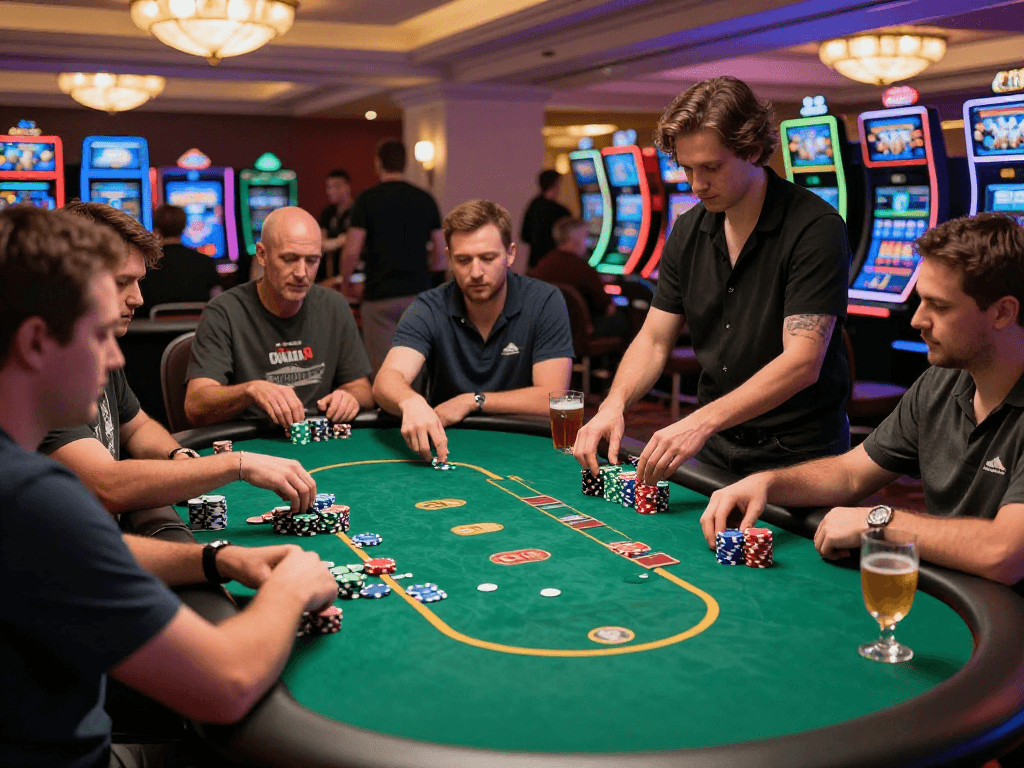 KOMBET168's thrilling casino gaming scene with players enjoying poker at high-stakes table