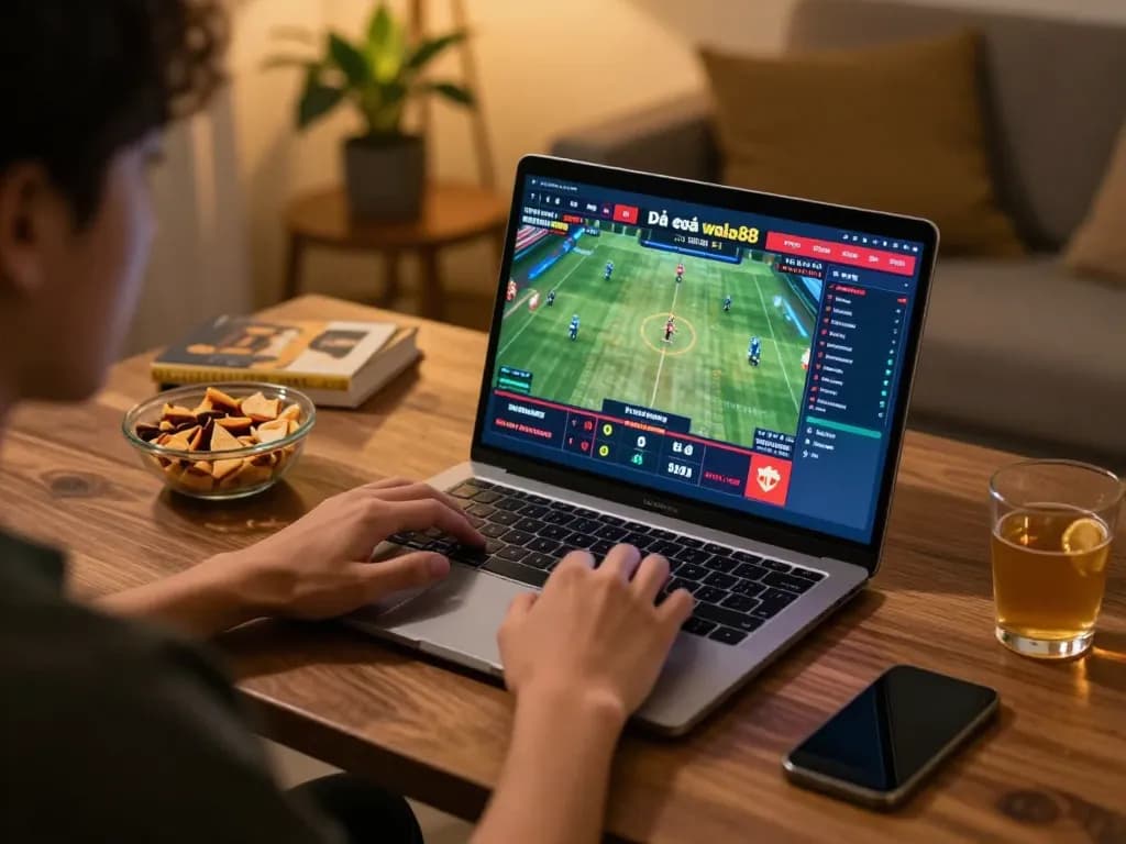 Engaging in live betting on Đá gà wala88 with a vibrant interface on a cozy home setup.