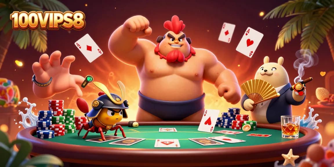 Experience thrilling poker action with 100VIPS8 featuring dynamic characters and vibrant casino elements.