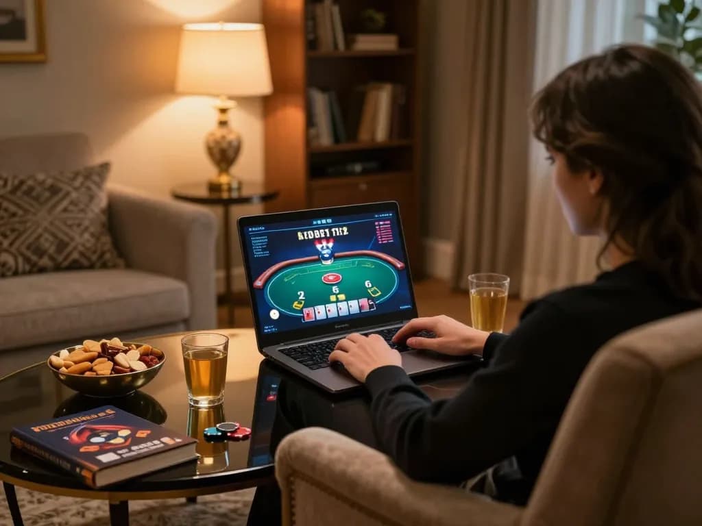 Sun win online poker game in a cozy home setting with snacks and strategic guides.
