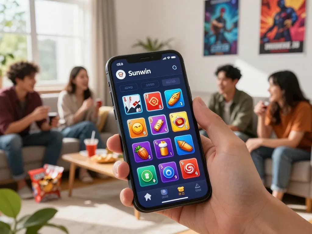 Engaging online gaming experience with tải sunwin on smartphone, showcasing vibrant game icons and enthusiastic players in a cozy setting.