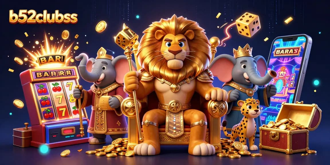 Experience the excitement at b52clubss with a roaring lion king amid jackpot bursts and game elements.