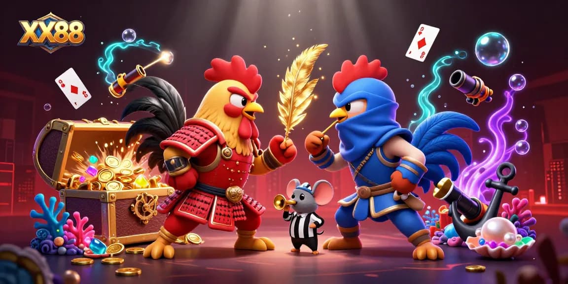 Witness the dynamic battle of XX88's samurai and ninja roosters amidst a treasure-laden casino adventure.