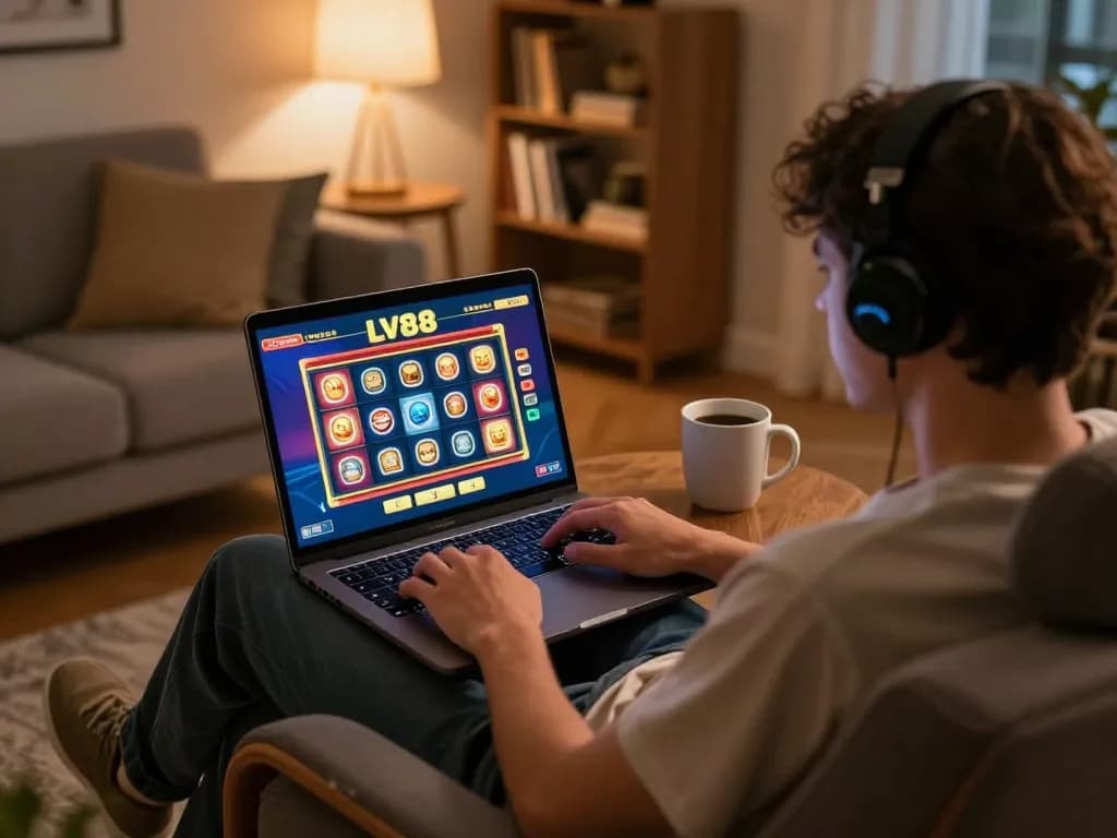 Player engaging with LV88 online casino on laptop for a casual gaming experience at home.