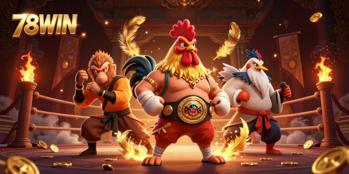 Engage in thrilling action at 78WIN with a dynamic rooster, monkey, and crane masters in an exciting gambling arena.