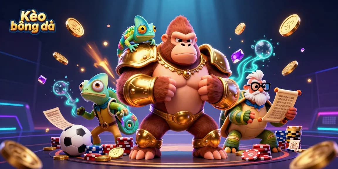 Kèo bóng đá thrilling scene with a gorilla king, chameleon spy, and tortoise elder surrounded by vibrant sports betting elements