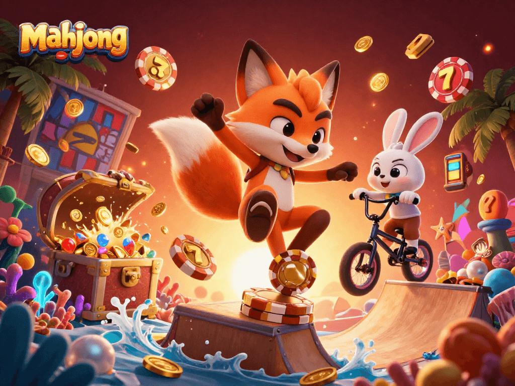Experience exciting mahjong gameplay with a dynamic scene of a fox and rabbit enjoying casino vibes and creating winning opportunities.