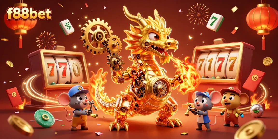 Experience thrilling action at f88bet with a golden dragon breathing gears among vibrant casino elements.