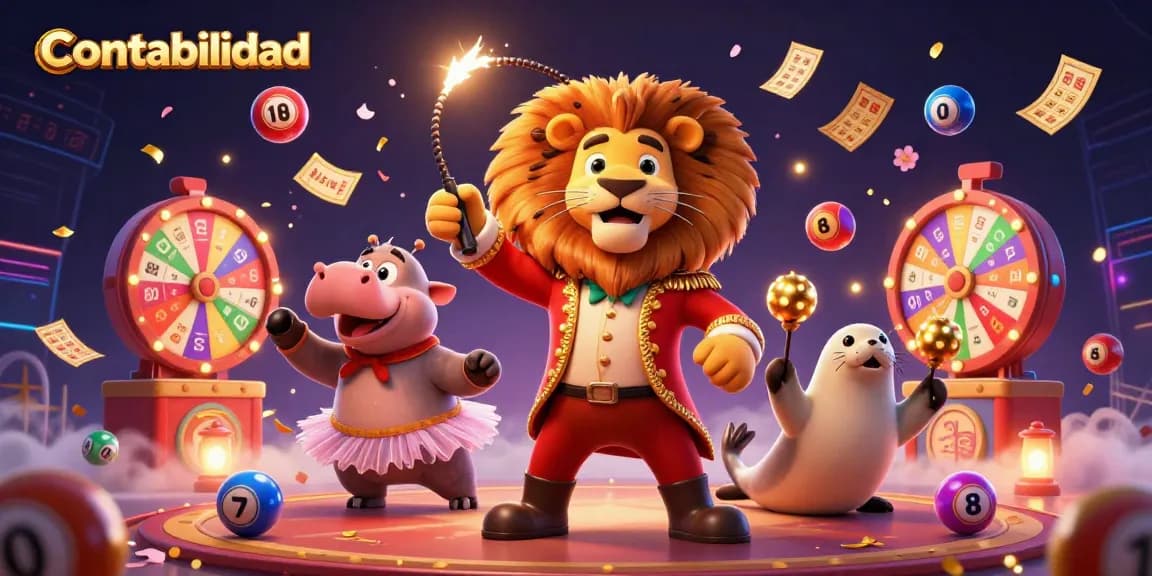 Engage in thrilling lottery activities with contabilidad's immersive scene of colorful numbered balls and joyful characters.