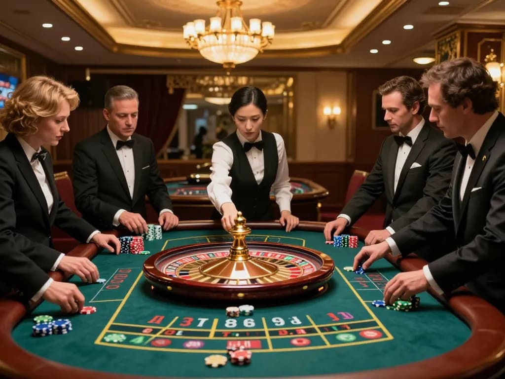 Players eagerly betting on 789winh's roulette table, surrounded by a glamorous casino ambiance.