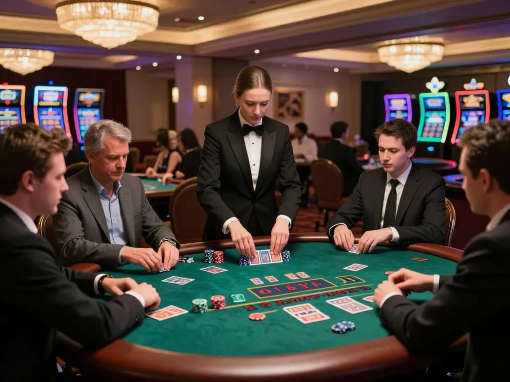 Players enjoying a thrilling blackjack game at QQ88's upscale live casino, showcasing luxury and excitement.