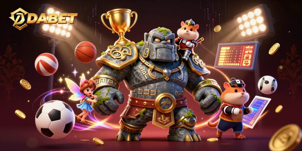 DABET brings excitement with a vibrant 3D scene of a magical golem and casino elements.