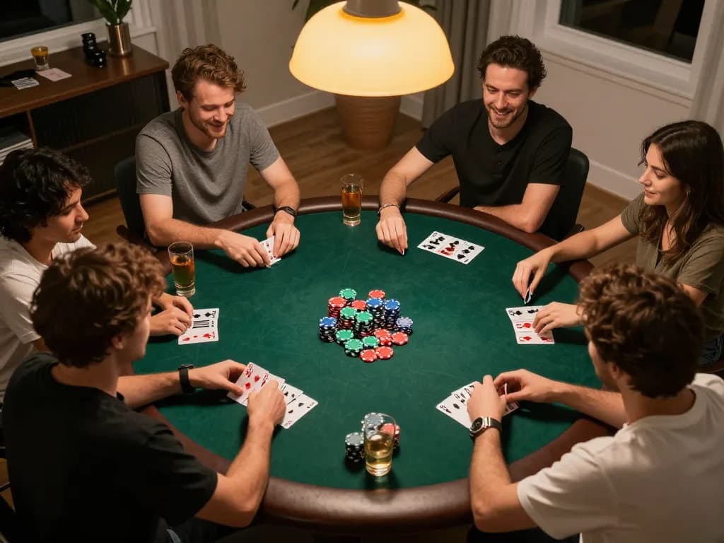 Intense poker gameplay at home with players enjoying cards and chips, showcasing strategic fun and camaraderie while betting with 32win32.