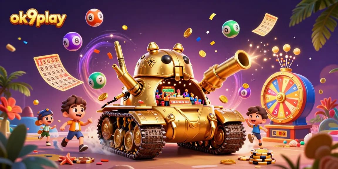 Experience the thrill of gaming with ok9play's vibrant 3D casino scene featuring colorful lottery balls and dynamic prizes.