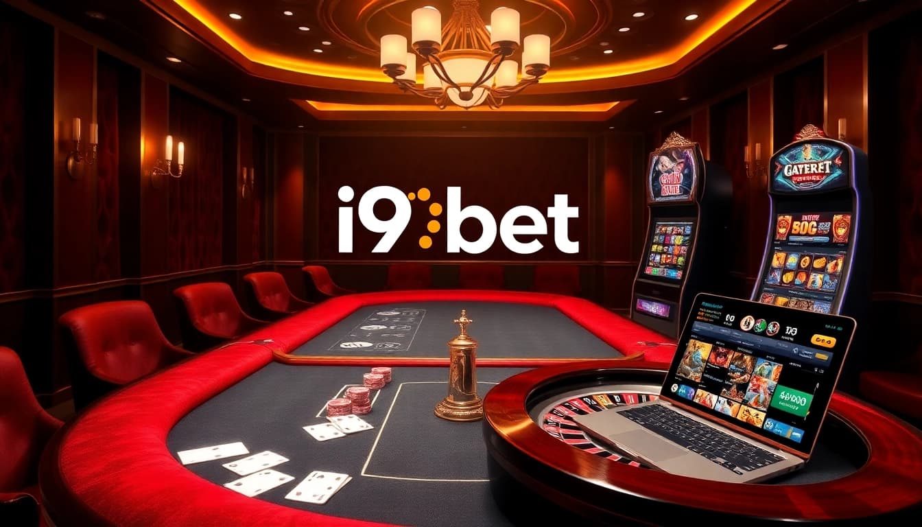 Excited gamblers enjoy the vibrant i9bet casino experience with poker chips and roulette wheel.