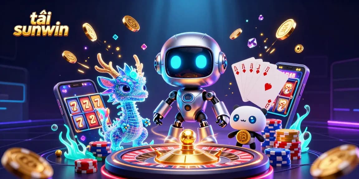 Engage with exciting games like tải sunwin featuring a dynamic robot, dragon, and drone amid a packed casino scene.