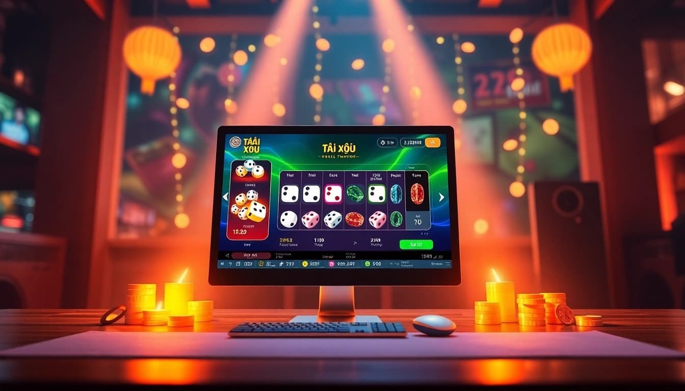 Dynamic gaming scene showcasing tài xỉu 789club with colorful dice and virtual bets.