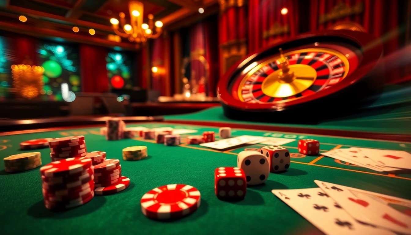 Engaging casino scene highlighting trang chủ fly88 with poker chips and vibrant atmosphere.