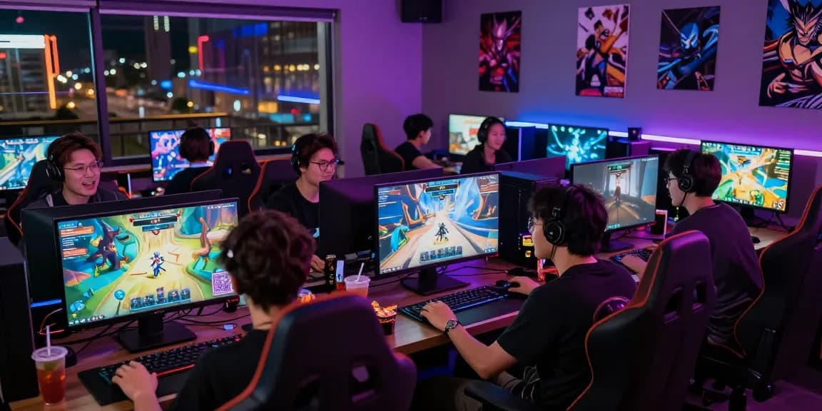 Group of adults playing ecchi games online in a vibrant gaming lounge with colorful lights and engaging gameplay.