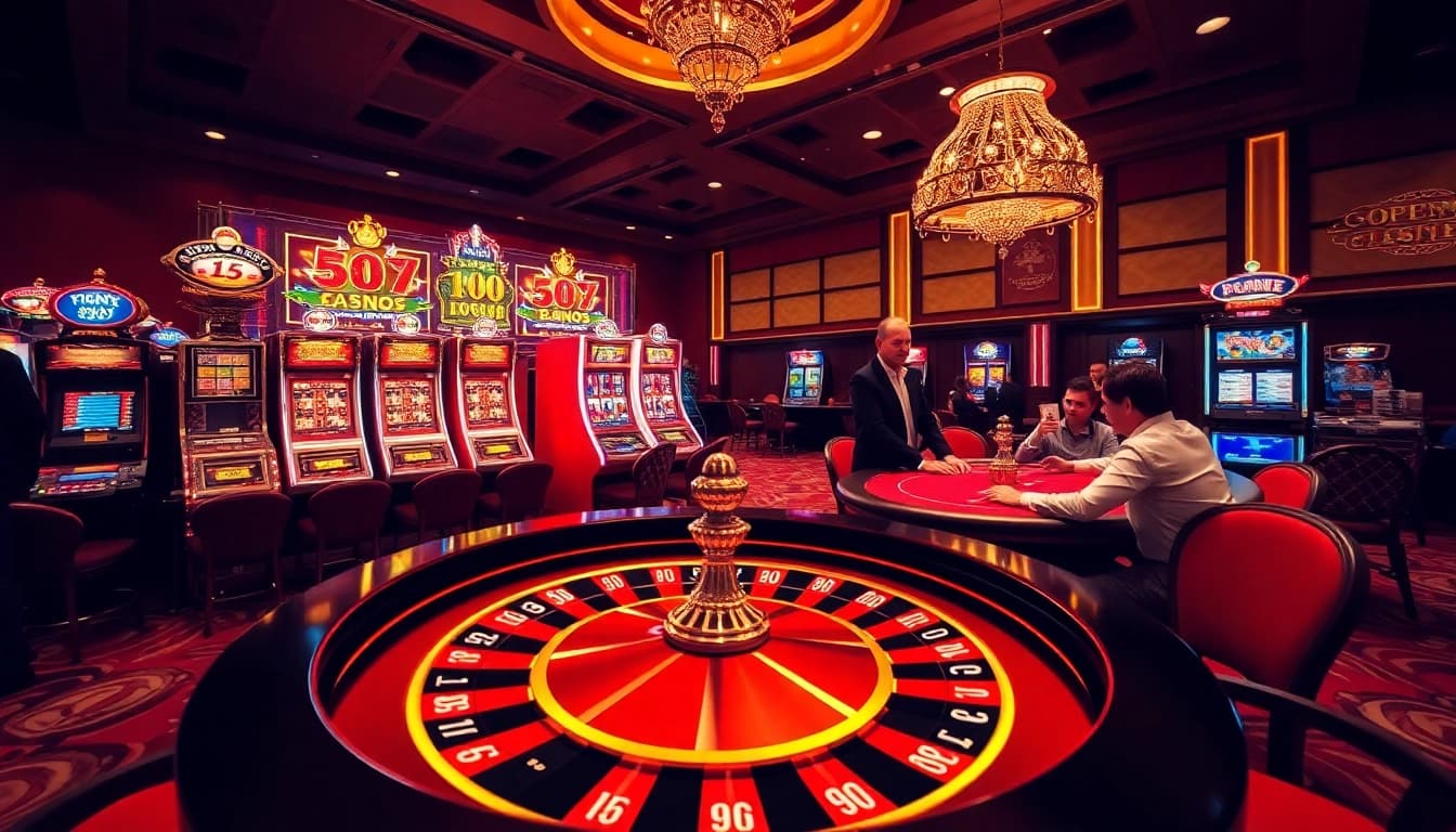 An exciting scene at Open88 con casino featuring players at roulette and poker tables.
