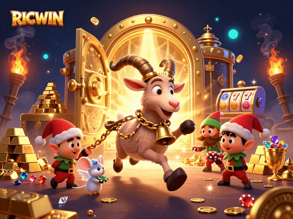 Experience RICWIN's vibrant casino scene filled with festive chaos and treasure.